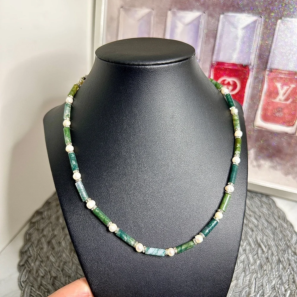 Natural Moss Agate & Pearl Beaded Necklace